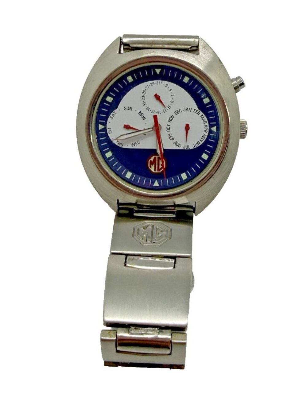 MG Morris Garages Men's Watch Multi Dial Month Day Date MG008 5ATM Silver Tone